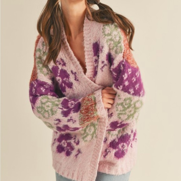New So Pretty Multi Floral Pattern Oversized Open Front Knit Cardigan - Picture 2 of 8